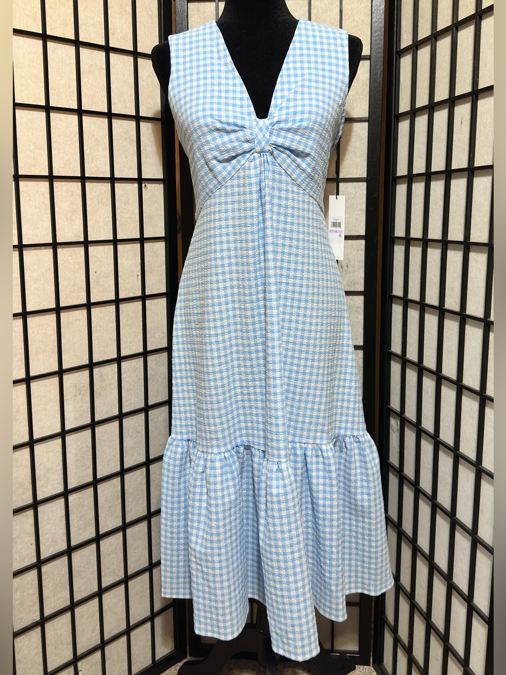 Calvin Klein Light Blue and White Gingham Midi Dress
